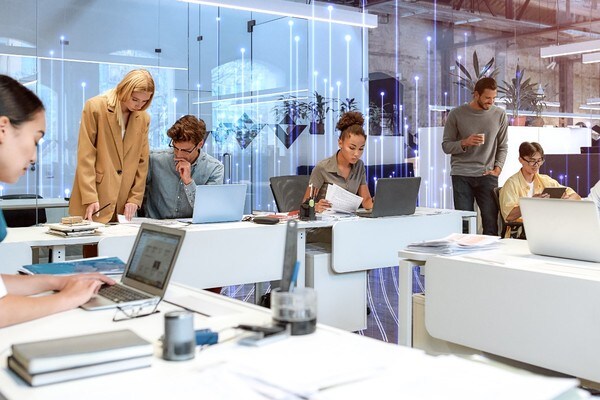 Employee reviewing desk booking data.