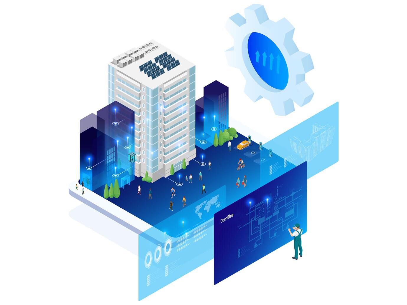 Infographic depicting equipment performance solutions provided by OpenBlue Enterprise Manager